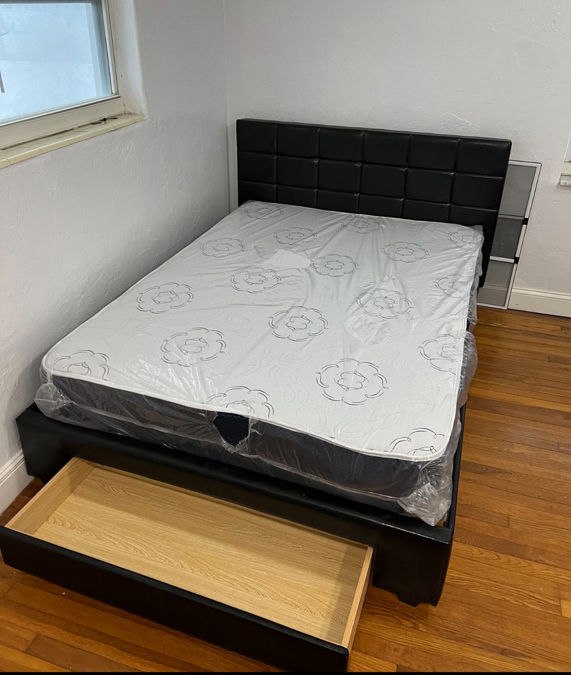 Full Size Bed Frame With Cabinet + Mattress and Box Spring
